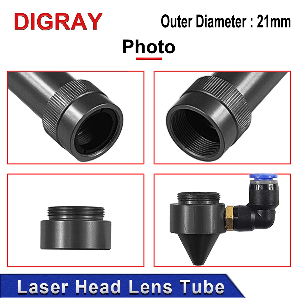 DIGRAY CO2 Laser Head Lens Tube Średnica zewnętrzna 21 mm + dysza powietrzna do obiektywu Dia.20 FL 50.8/63,5 mm do maszyny do cięcia laserowego CO2