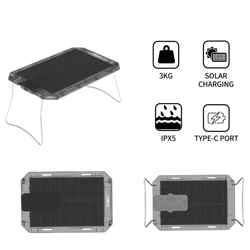 Solar Powered Folding Camping Table 6W Solar Panel IPX5 Waterproof Portable Outdoor Desk Type-C Charging for Hiking Picnic - view 2