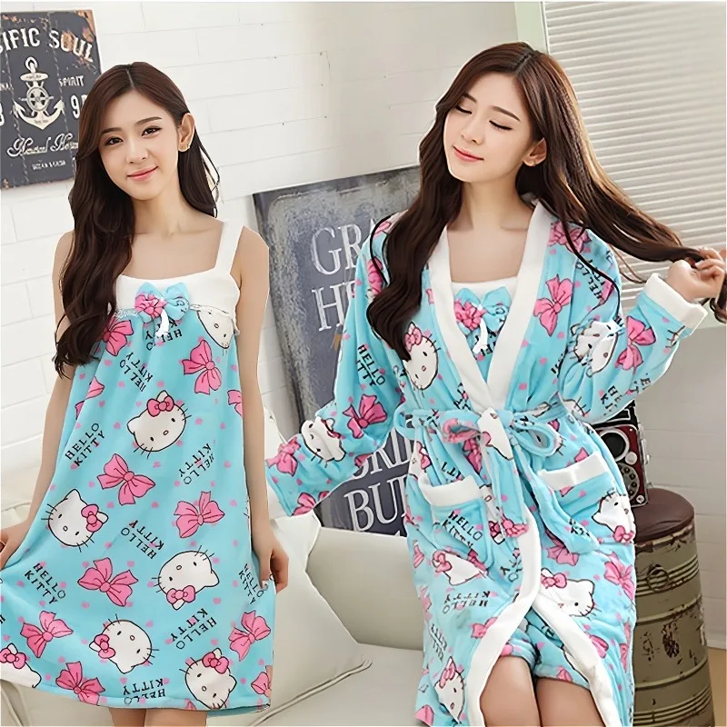 Sanrio Hello Kitty Cute Plush Robe and Fluffy Nightdress Anime Print Accessories Women\'s Autumn Kawaii Coral Fleece Bathrobe Set