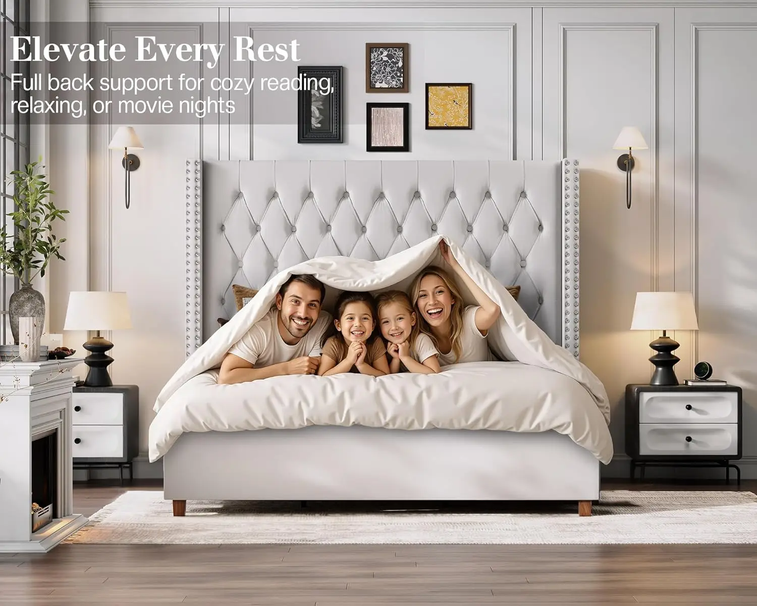 킹 사이즈 침대 프레임, 61.4인치 높이의 윙백 헤드보드, 벨벳 소재 플랫폼 침대, 수제 주름 및 깊은 디자인
