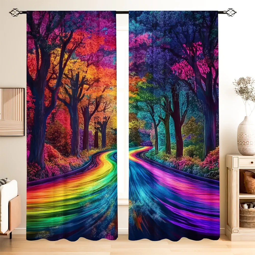 2pcs Art Deco Forest Rainbow Trail Tree Curtain Panels, 100% Polyester Semi-Sheer Woven Rod Pocket Drapes for Bedroom, Machine W