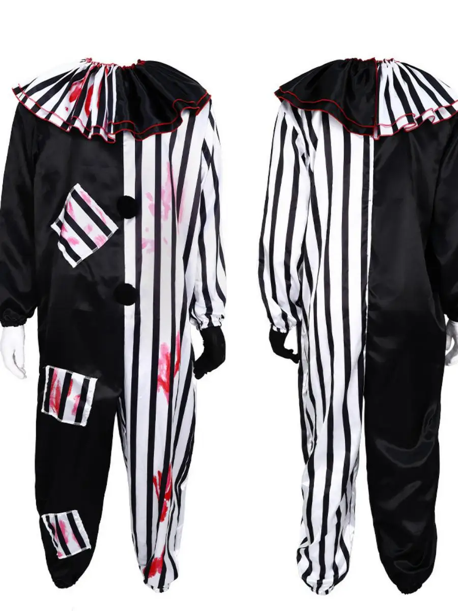 زي الهالوين الجديد المأساوي للمهرج، ملابس لعب لمرحلة الأداء، مادة البوليستر، تصميم ملون بالدم