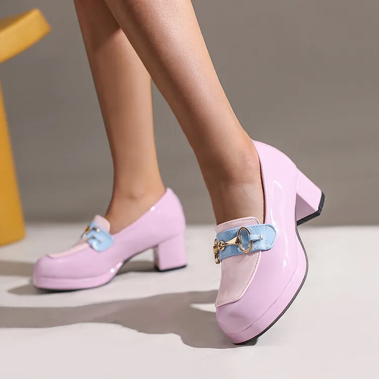 Platform Heel Loafer Shoes for Women Lolita Bow Contrast Color Pumps Women Chunky Heel Slip-on Leather Shoes Tide Golden Buckle