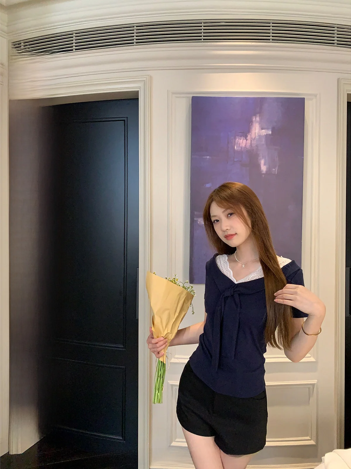 

FANCHOU Lace Trim ort Sve T-irt Women's Slimming Youthful Top Casual Sle Pure Color V-Ne Regular Length Summer New