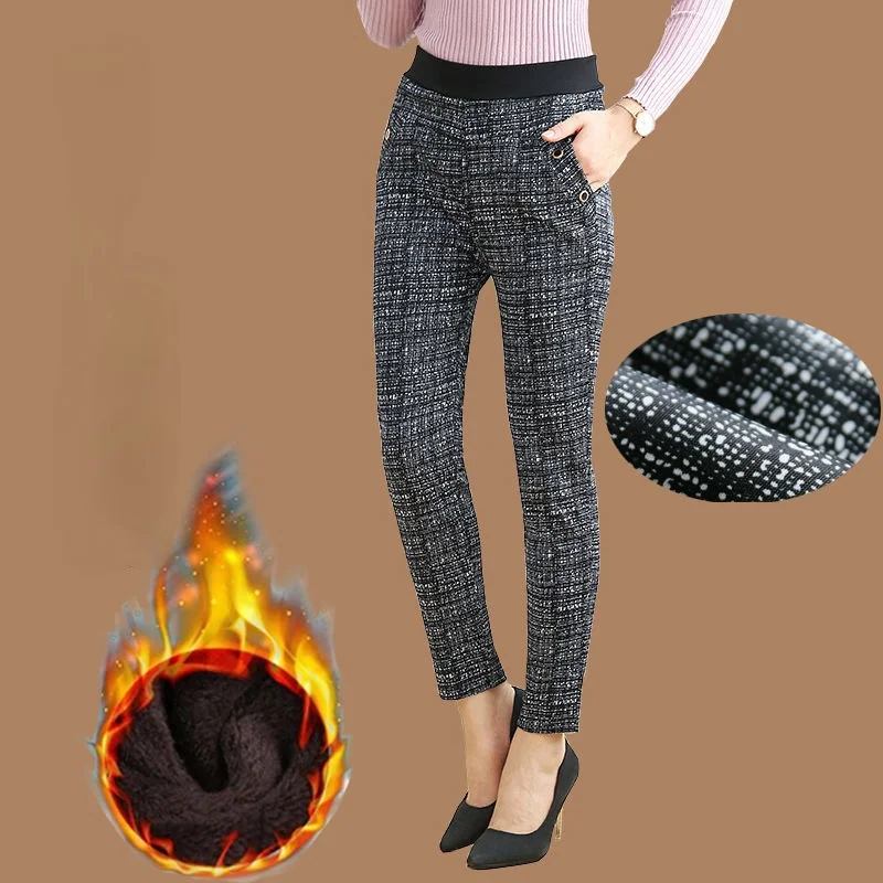 

Winter Warm Thick Velvet Pants Women High Waist Stretch Skinny Straight Trousers Casual Printed Fleece Leggings Pants 4XL