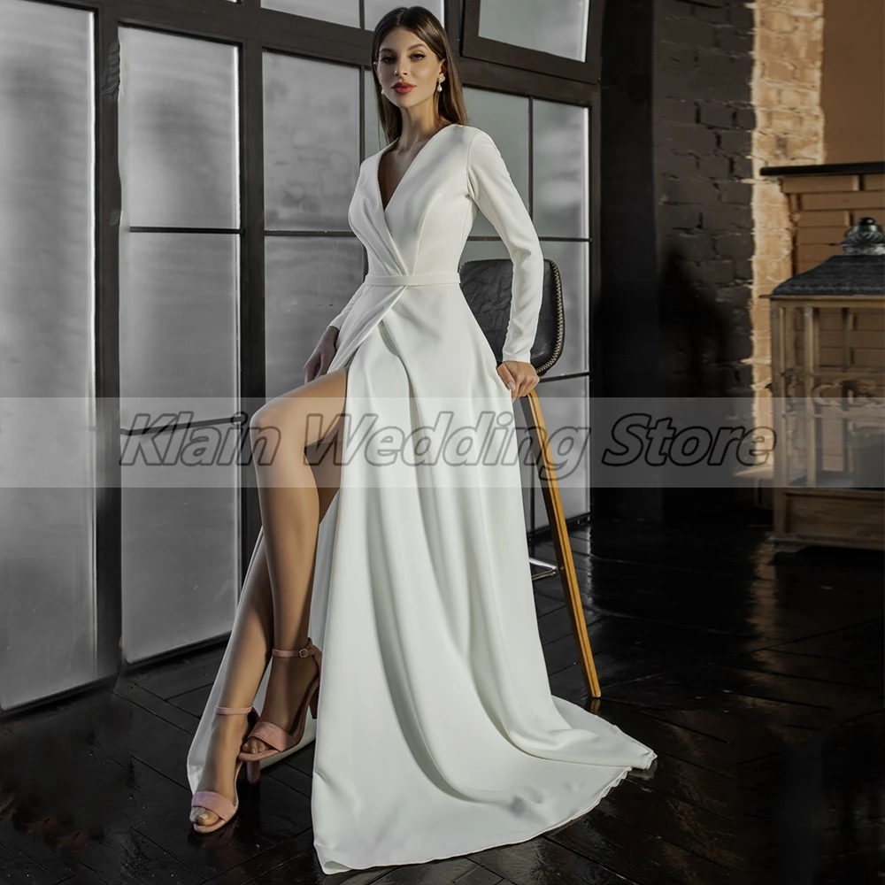 Vestido de novia civil dividido, modesto, personalizado, línea A, 2023, plisado, cuello en V, Jersey, tren de barrido, vestidos de novia con cremallera en la espalda y