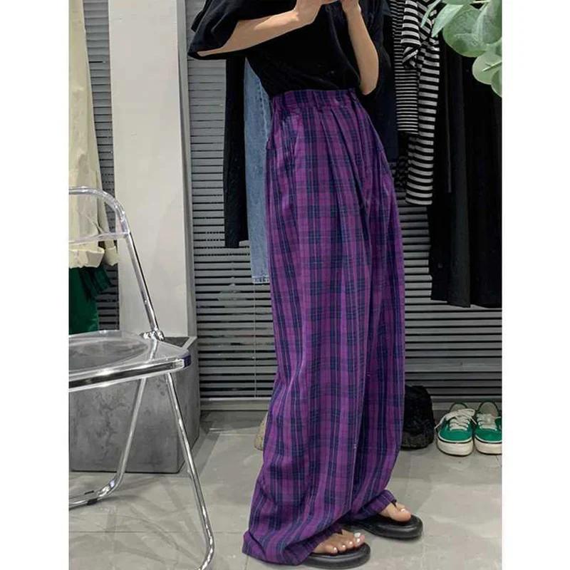 

Preppy Style PURPLE Plaid Casual Straight Female Spring Autumn Korean High Waist Loose All-match Wide Leg Pants Women's Trousers