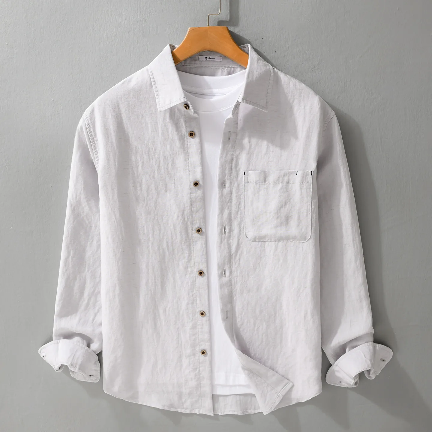 Men's Long Sleeve 6% Linen Shirt Solid Color Basic Casual Lightweight Breathable Tops for Spring Autumn Streetwear