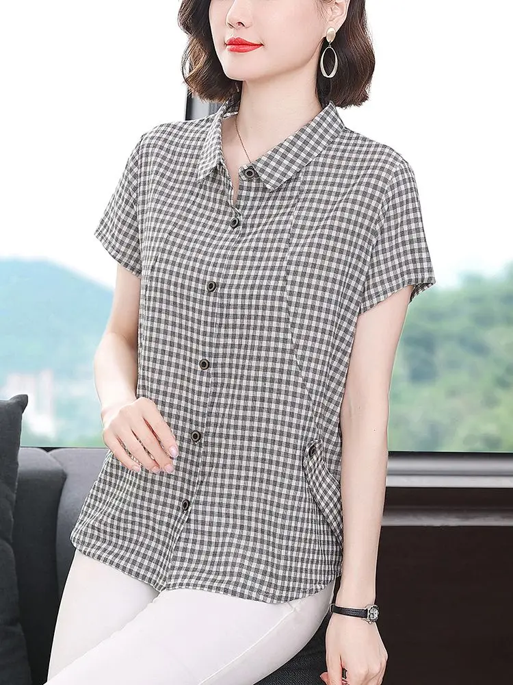 Plaid Shirt Summer New Short-sleeved Pure Cotton Women Fashionable and Loose Top