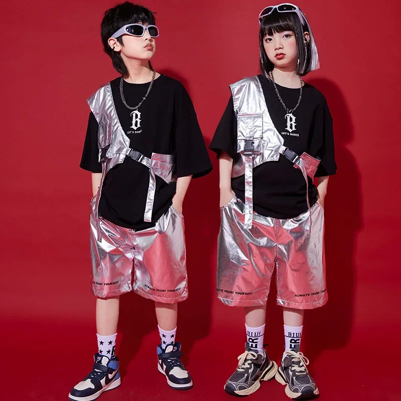 어린이 재즈 댄서 의상 소년을위한 블랙 탑 실버 짧은 조끼 소녀 힙합 패션 streetwear 무대 공연 의상