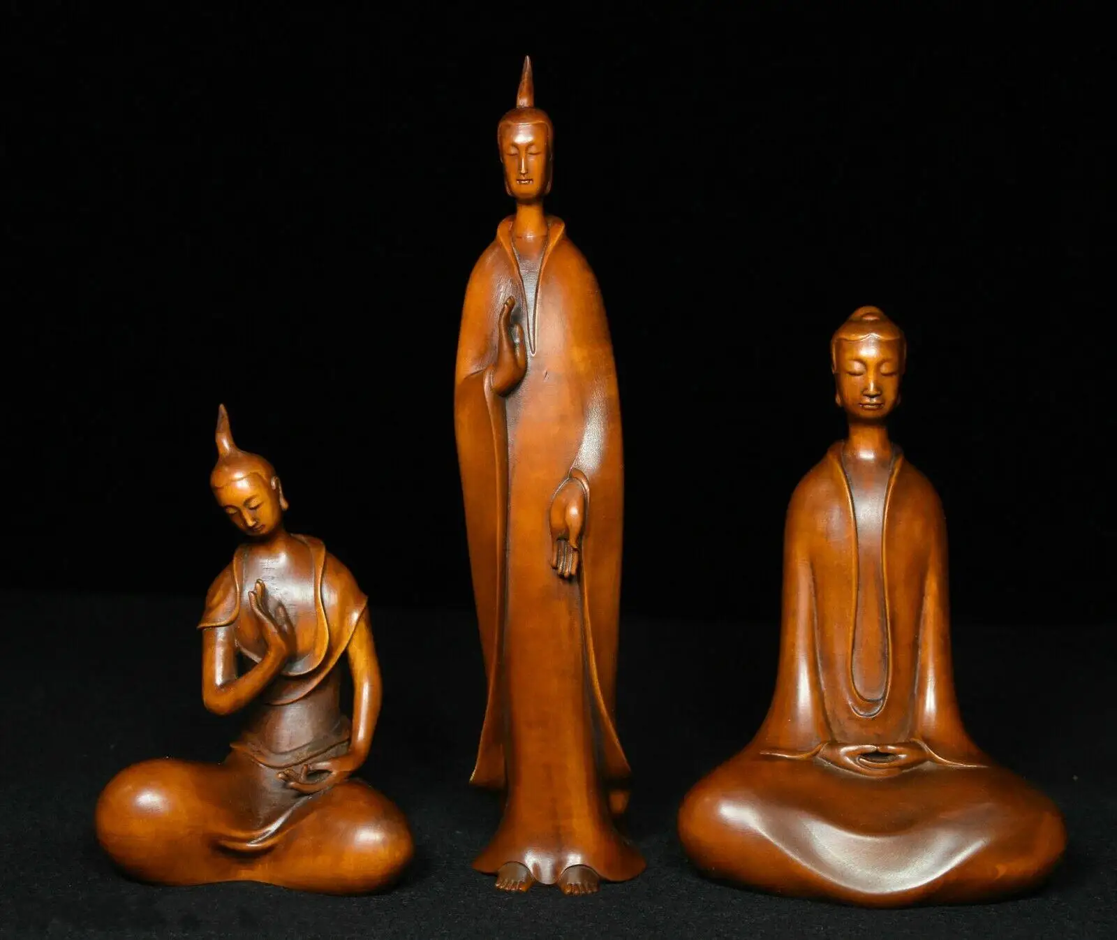 

9" Old Chinese Buddhism Boxwood Wood Carved Sakyamuni GuanYin Buddha Statue Set