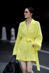 SEQINYY Elegant Short Jumpsuit Summer Spring New Fashion Design Women Runway Pure Yellow Loose Casual Holiday Belt High Street