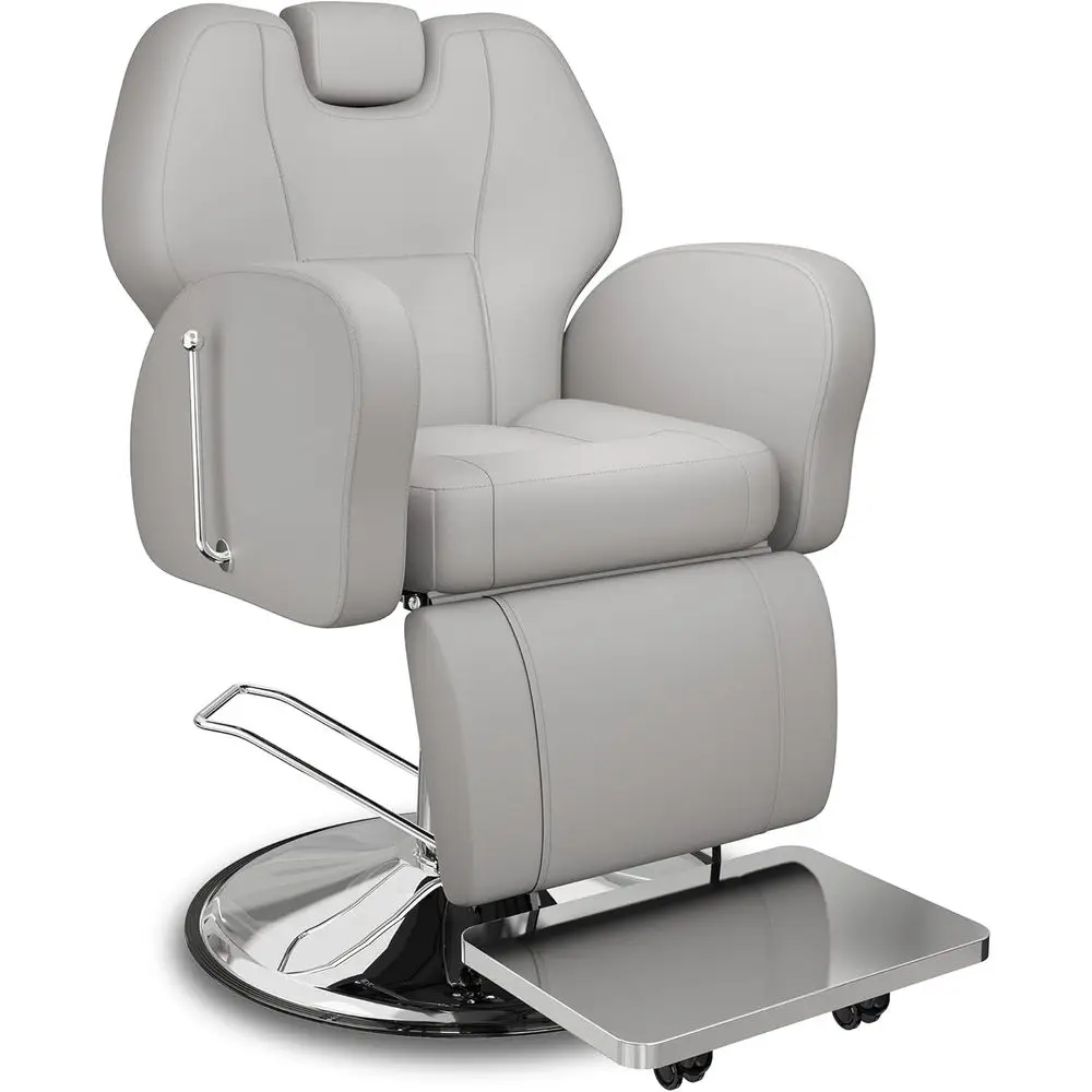 

Durable Reclining Barber Chair - Grey, 165° Recline, Leg Support, Stainless Steel Base, Ideal for Haircuts, Lashes, Tattoos, and