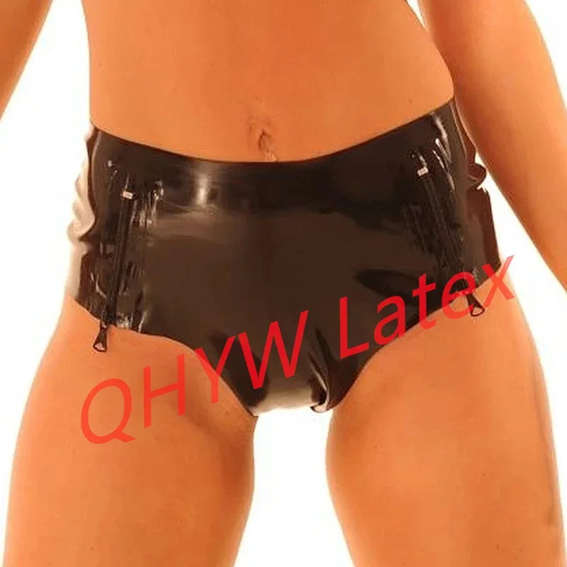 Black Sexy Mid Waist Latex Panties With Zippers At Front Rubber Shorts Underpants Underwear Pants Plus Size