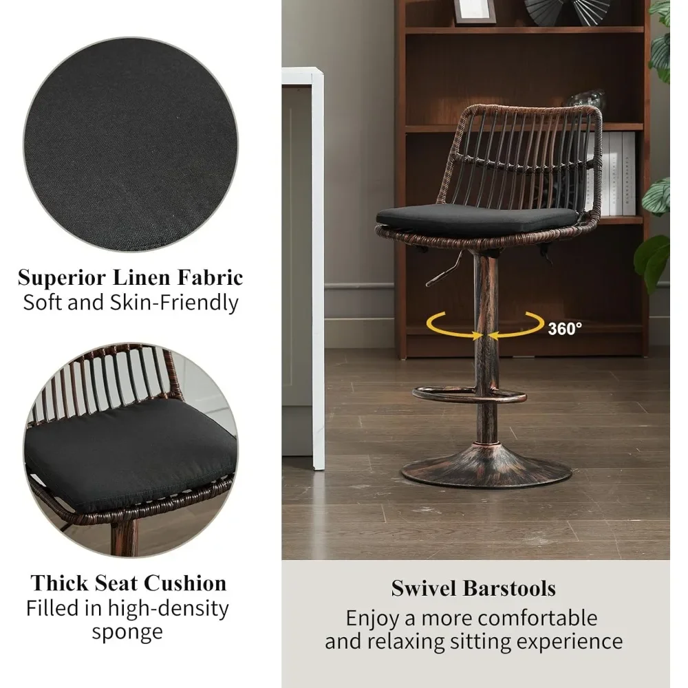 Rattan Bar Stool Set Of 2, Linen Upholstered Barstool With Backrest, Swivel Bar Chair With Footrest, Dining Bar Stool With Round