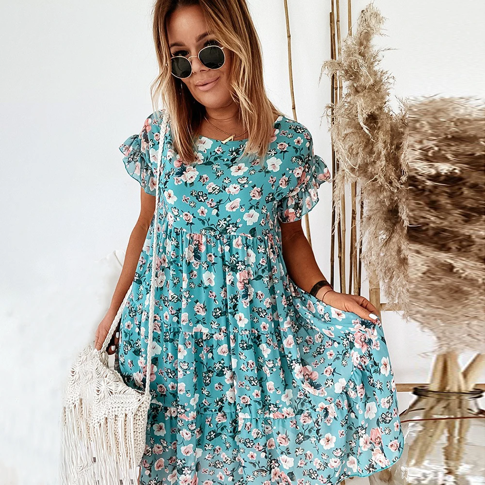 Casual Floral Print Summer Dress Boho Short Sleeve Woman Dress Female Loose Ruffles Mini Dresses For Women 2022 Robe Femme