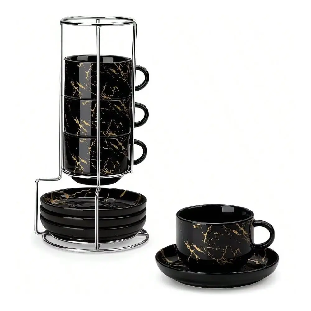 

OZ Porcelain Espresso Cups With Saucers And Metal Stand Set Of 4, Stackable Cappuccino Cups, White Expresso Shots Cup Set Coffe