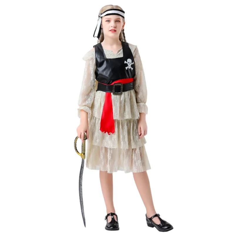 

Halloween Children's Pirate Costume Captain Jack Lace Girls Party Performance Outfit Set