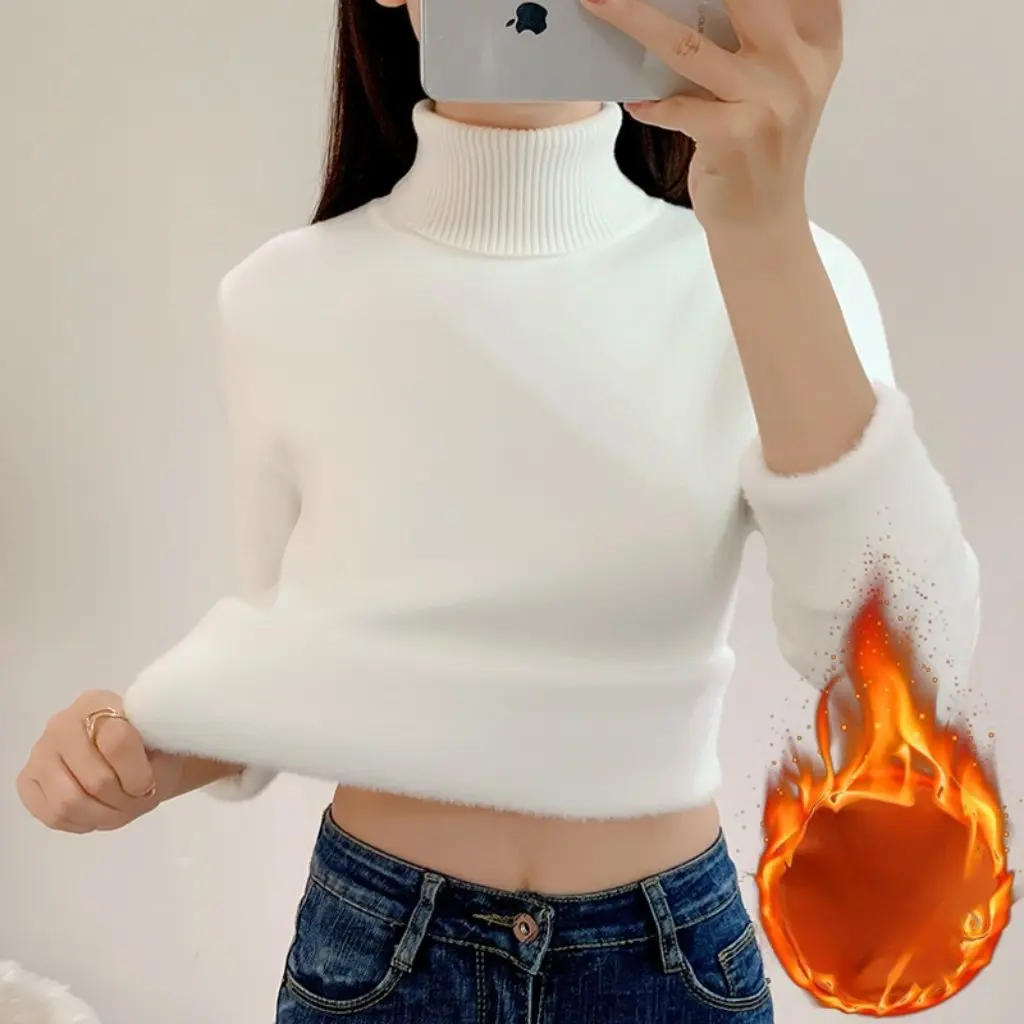 여성용 플리스 안감 패딩 터틀넥 스웨터 부드러운 벨벳 가을 겨울 따뜻한 베이스 레이어 스웨터 원 제너레이션