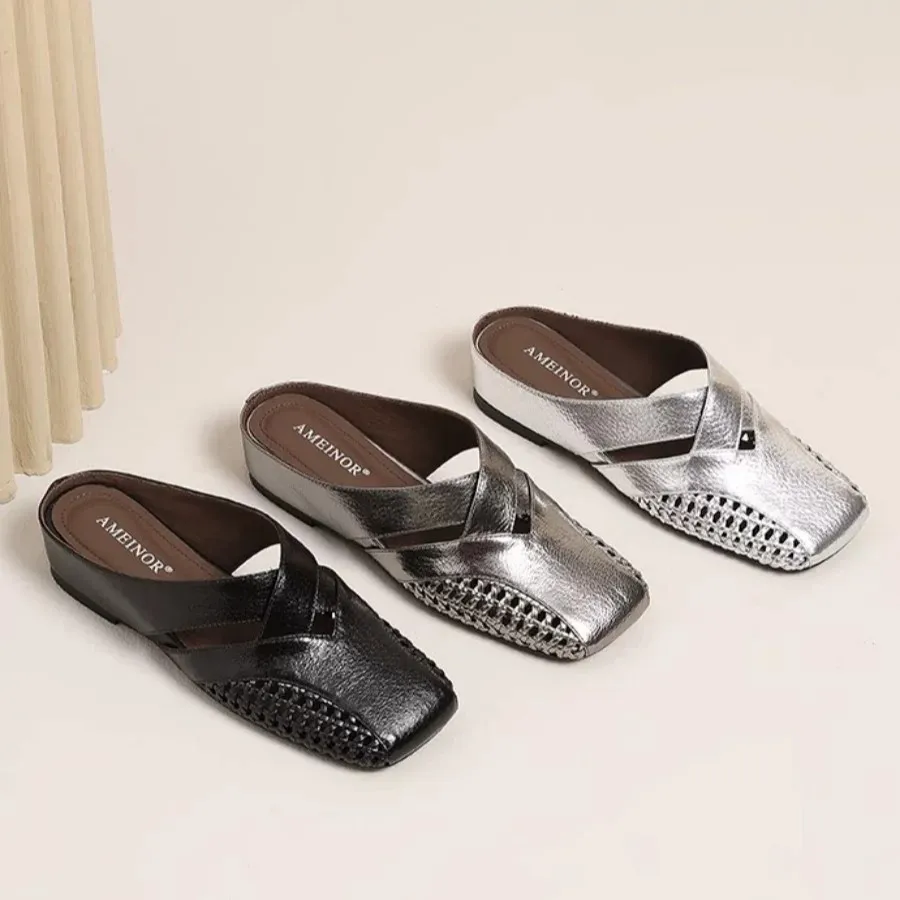 Women's Summer Outdoor Wear Leather Hollow out Woven Slip-On Sandals Breathable Comfortable Rubber Sole Support Arch Shoes