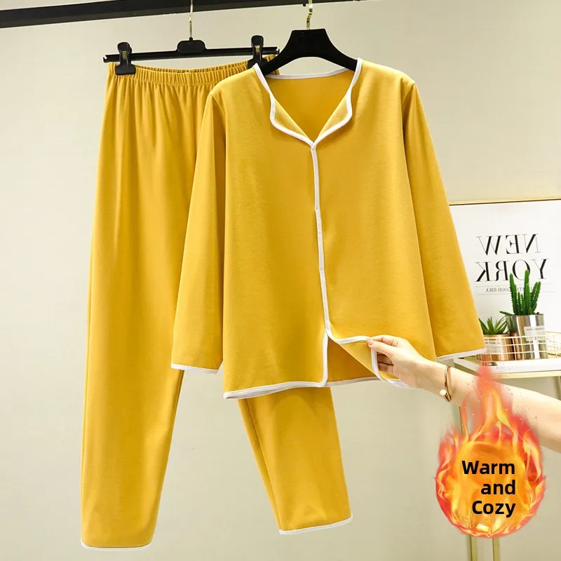 Women's Autumn Winter Thickened Long Sleeve Sleepwear Set Soft Cotton Velboa Home Clothes V-neck Two-piece Casual Style
