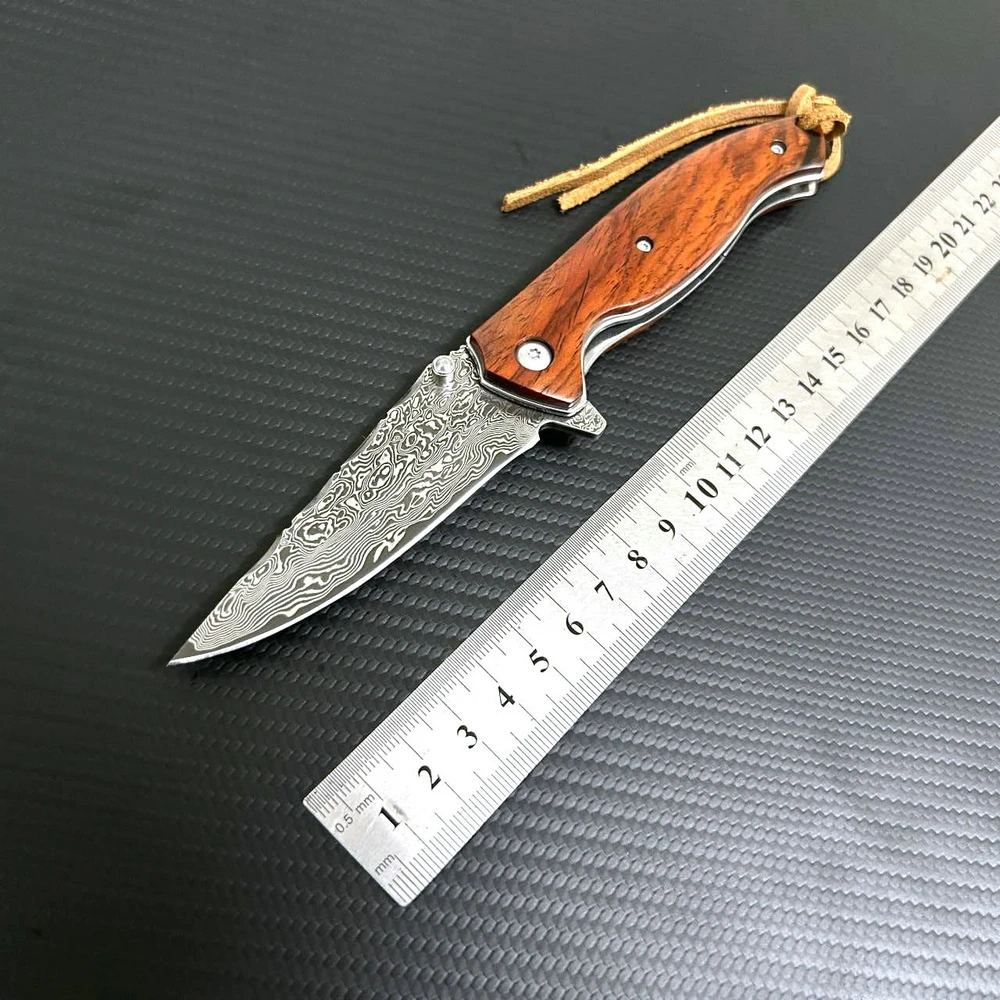 Trskt Damascus Tactical Knife Camping Knives Flipper Folding Hunting Survival Knife Pocket Edc Tool Wood Handle Dropshipping