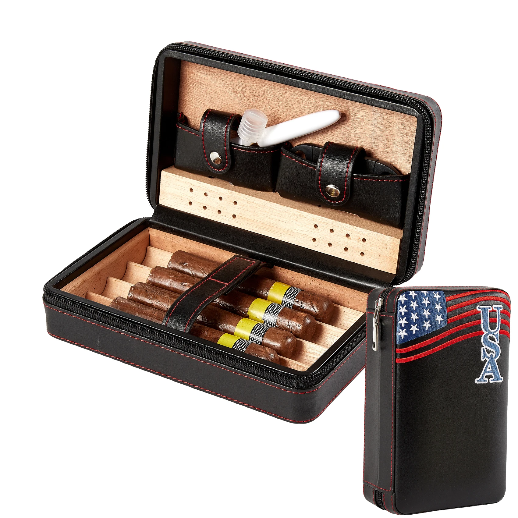 7 in 1 Cigar Accessories Set Black Leather Cedarwood Cigar Humidor Portable Travel Cigar Humidifier Cigar Tube Case