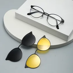 Round Half Metal Frame Polarized Magnetic Clips Sunglasses On Glasses Frame Optical Prescription Magnet Eyeglasses 3 IN 1