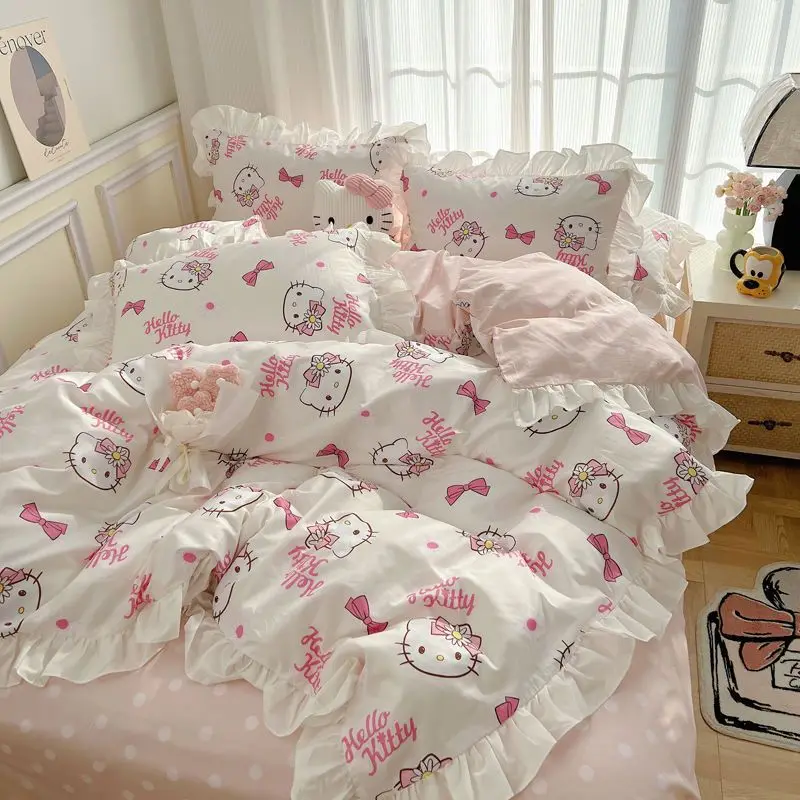 TAKARA TOMY Pure Cotton Four Piece Quilt Set Bed Sheet Girl Cartoon Kitty Cat Three Piece Set Children's Princess Style