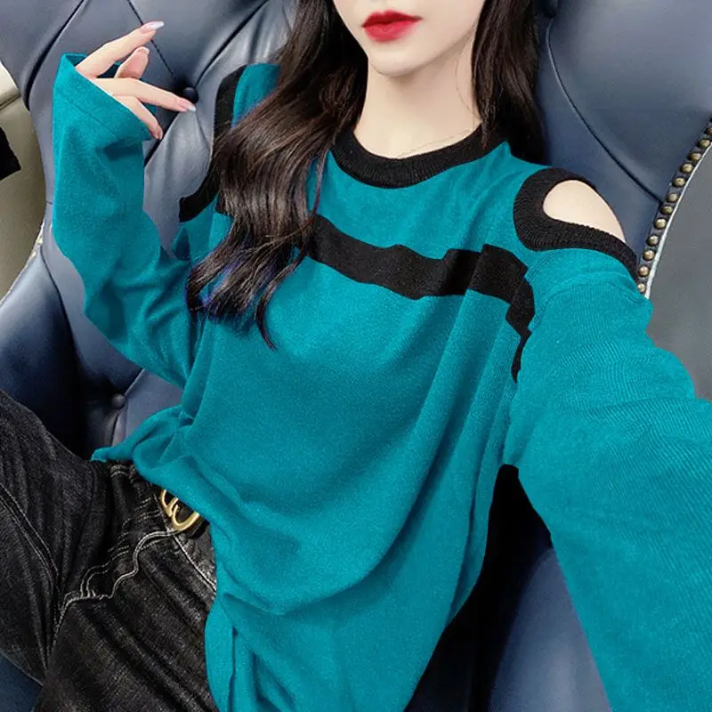 

Fashion Spliced Hollow Out Striped Knitted Blouse Women's Clothing 2022 Autumn New Loose Casual Pullovers All-match Korean Shirt