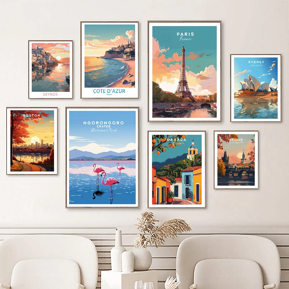 Travel Print Sunset Seascape City Street Sea Wave Giraffe At Sunset Fashion Wall Art Canvas Painting Nordic Poster Room Decor