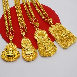 18K Gold Plated Necklace For Women Men Guanyin Golden Dragon Pendant Clavicle Chain Wedding Engagement Not Fade Jewelry Gift