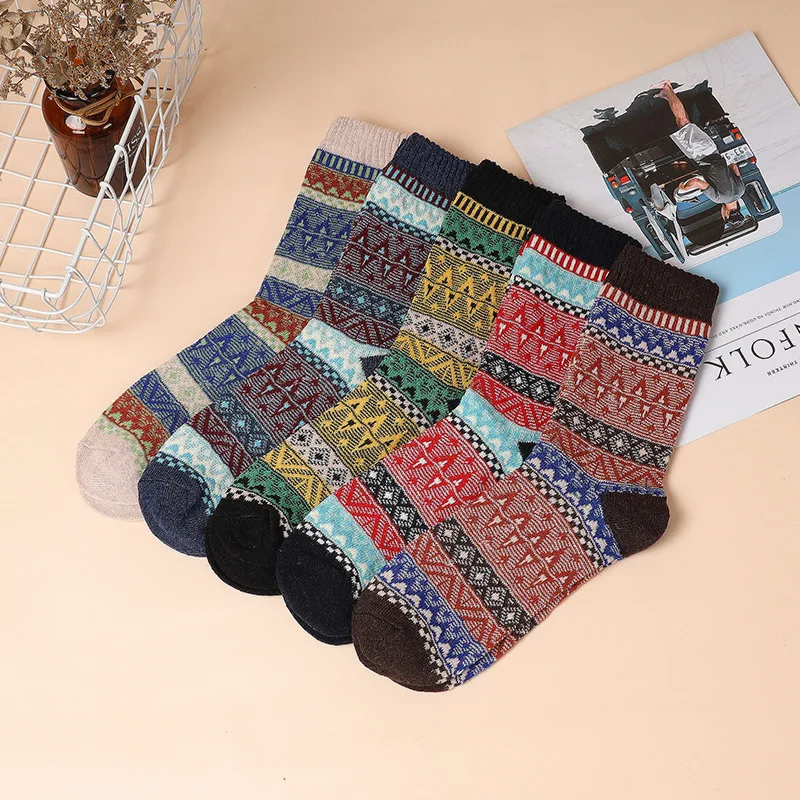 5 Pairs/Lot Men\'s Thick Wool Socks Autumn And Winter High Quality Japanese Vintage Stripes Warm Comfortable Soft Socks EU 38-44