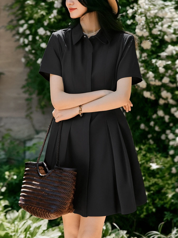 

Chivirin High Waist Pleated ort Sve Dr Slimming A-Line Pure Color Bla Ele Women's Summer Polyester Blend Dr