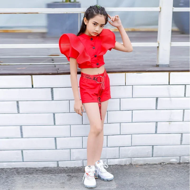 

Modern/Street Dance Performance Outfit Catwalk Show Clothes Girls Jazz Dance Costume Children Hip Hop Red/White Set Kids