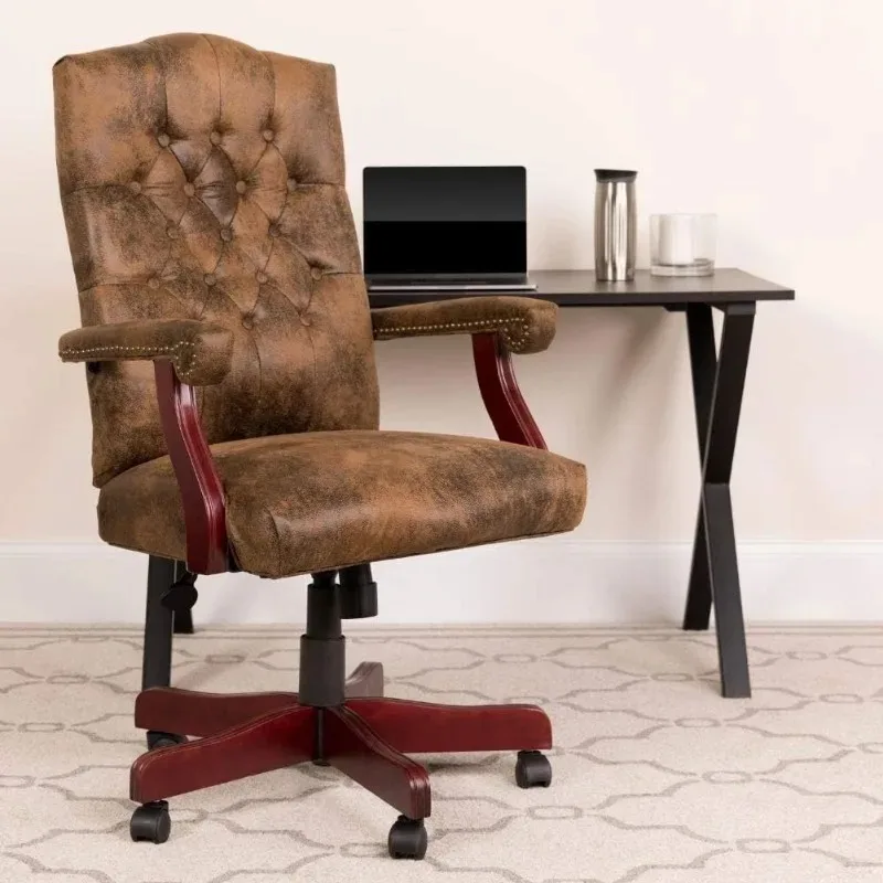 Derrick Traditional Microfiber Tufted Swivel Office Chair with Wood Base, Ergonomic Farmhouse High-Back Desk Chair