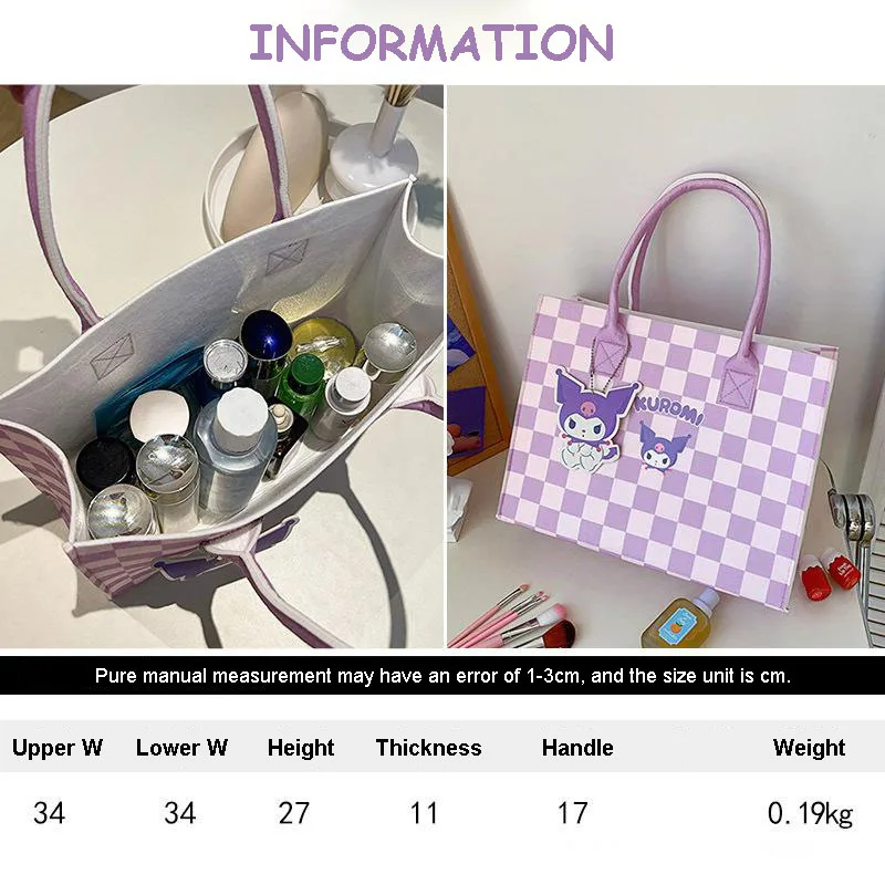 Sanrio New Handbag High-Capacity Kawaii Cartoon Grid Versatile Tote Bag Cinnamoroll Kuromi Mymelody Fashion Felt Bag