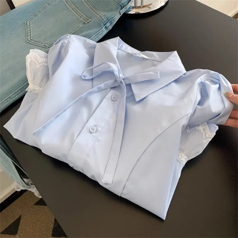 

Kusahiki Lace Ruffle Puff Sleeve Shirt Women's Summer Casual Sweet Cute Bow Tie Top Shirts