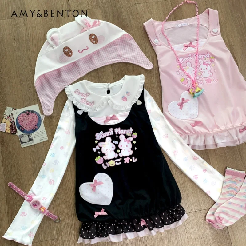 

25COSJapanese Kawaii Cartoon Printed Lolita Tank Top Women Sweet Cute Girl Love Pocket Bow Slim Sleeveless Ruffled Vest Top Summ