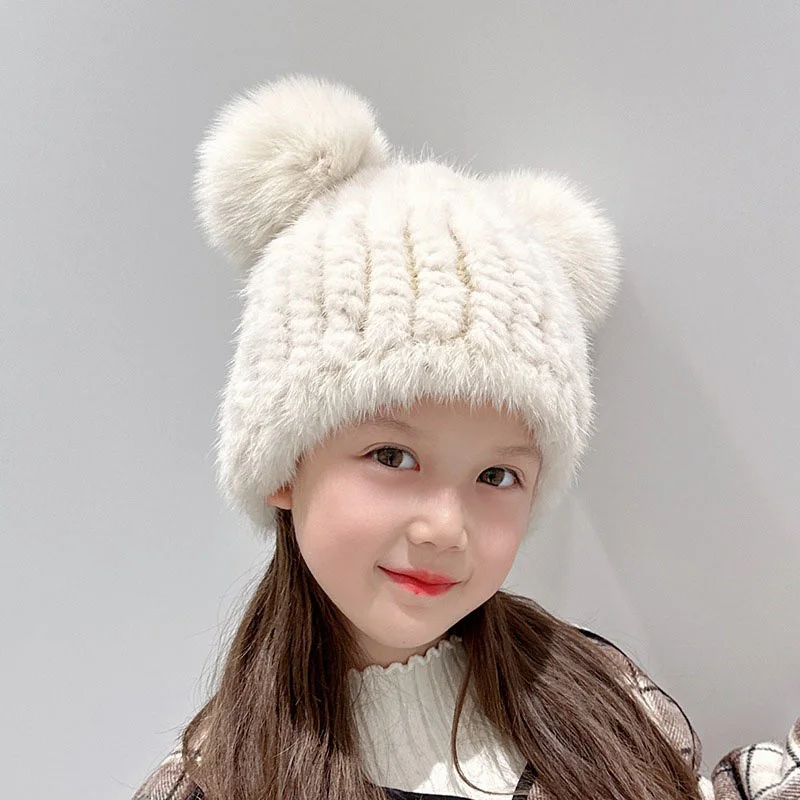 

Winter New Children's Woven Hat Thickened Real Mink Casual Warm Outdoor Ski Hat Fashion Baby Parent -child Elastic Hat