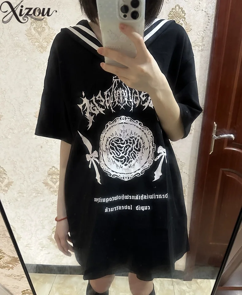 Navy Collar Casual Tshirt 2026 Summer Dark Gothic Subculture Peter Pan Collar Loose T-Shirt Graphic Print Unisex Cotton Top