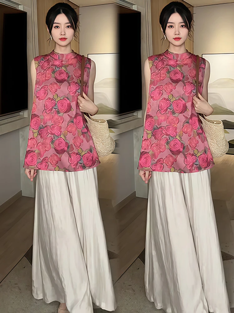 중국 슬레 패션 세트 여성용 와이드 레그 팬츠 투피스 수트 여름 신상 디자인 센세이션 엘레 퍼스널리티