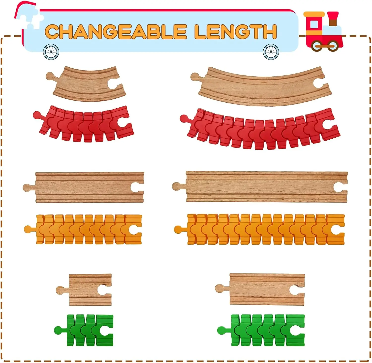 Zubehör für Holzeisenbahnschienen, 8er-Pack bunte, flexible Schienen, kompatibel mit allen großen Marken, Holzeisenbahnschienen, Weihnachtsgeschäft