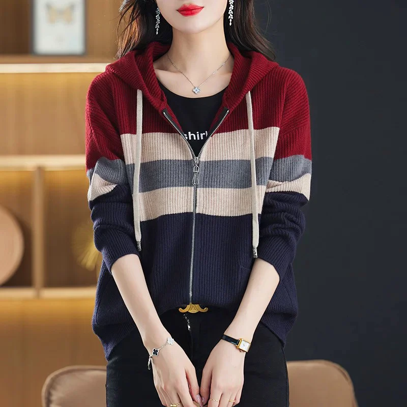 New Spring Autumn Women Hooded Knitted Jacket Fashion Color-blocking Striped Cardigan Sweater Casual Wild Zipper Sweater Coat