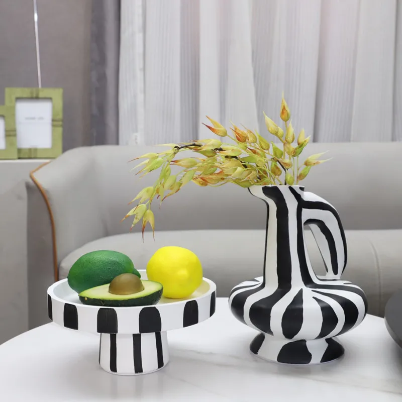 Black and White Vertical Pattern Resin Vase, Flower Arrangement, Fruit Tray, Home Decoration, Living Room Decoration Ornaments