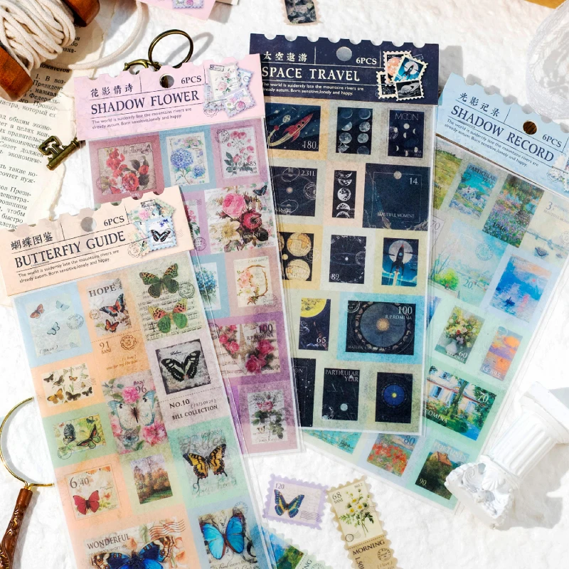 Journal GO 6pcs/lot Vintage Post Stamp Stickers Scrapbooking Decor Junk Journal Collage Stationery Planner Craft diy Sticker