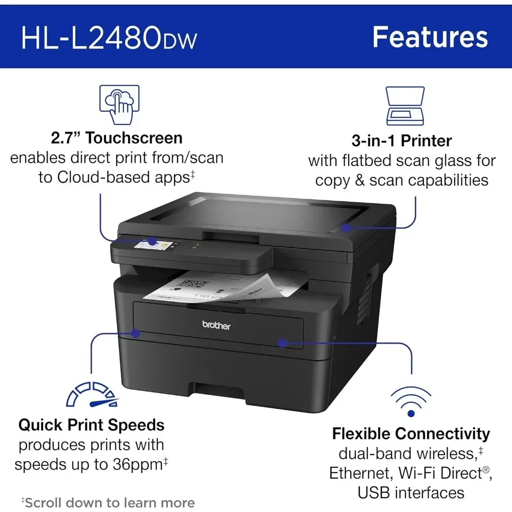 HL-L2480DW Impresora láser multifunción monocromática compacta inalámbrica con copia y escaneo, dúplex, móvil, blanco y negro