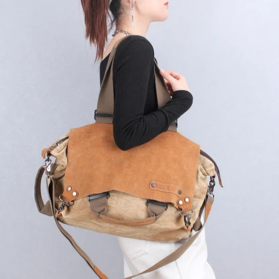 Canvas with Cowhide Leather Women Handbag Shoulder Bag Female large capacity portable Tote Bag commuter texture Crossbody Bags