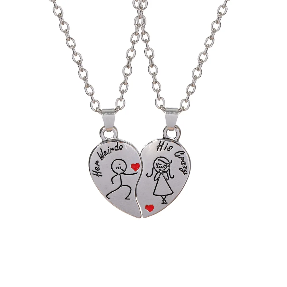 Romantic Her Weirdo His Crazy Necklace Set For 2 Broken Heart Puzzle Show Love Pendant Choker For Lovers Couple Gift Wholesale