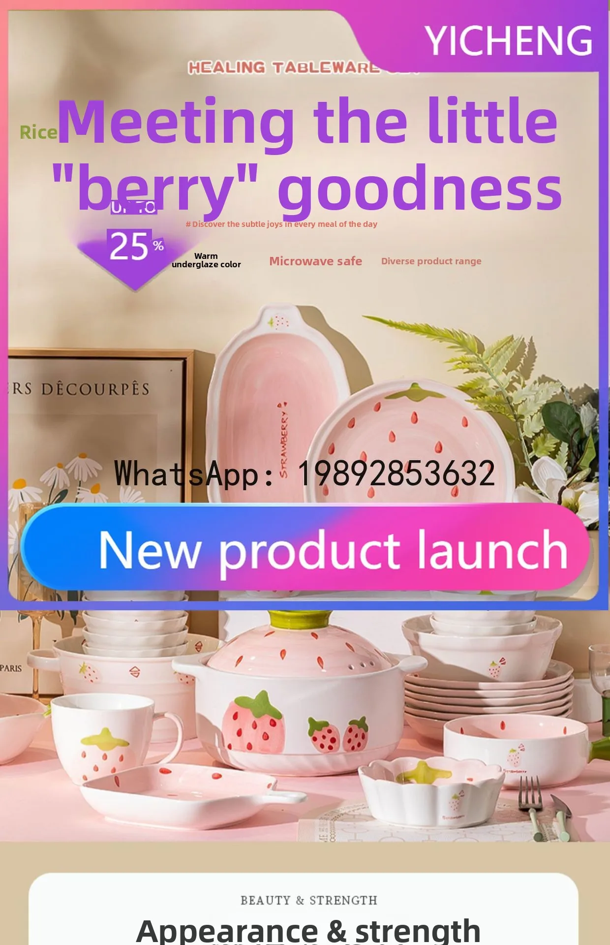 

HYS Strawberry Dishes Set Household Instant Noodles Bowl Ceramic Tableware Bowls and Chopsticks Bowls